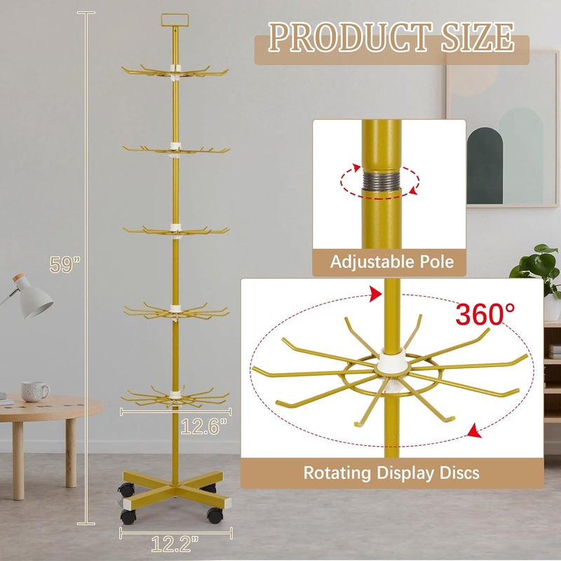 Exttlliy Retail Display Stand 5 Tier Metal Spinning Display Rack with Wheels Keychain Jewelry Stocking Hat Display Stand with Hooks for Malls, Showroom, Retail Store (Gold) - Image 3